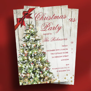 Invitación Fiesta de navidades   Árbol rústico y cinta roja i