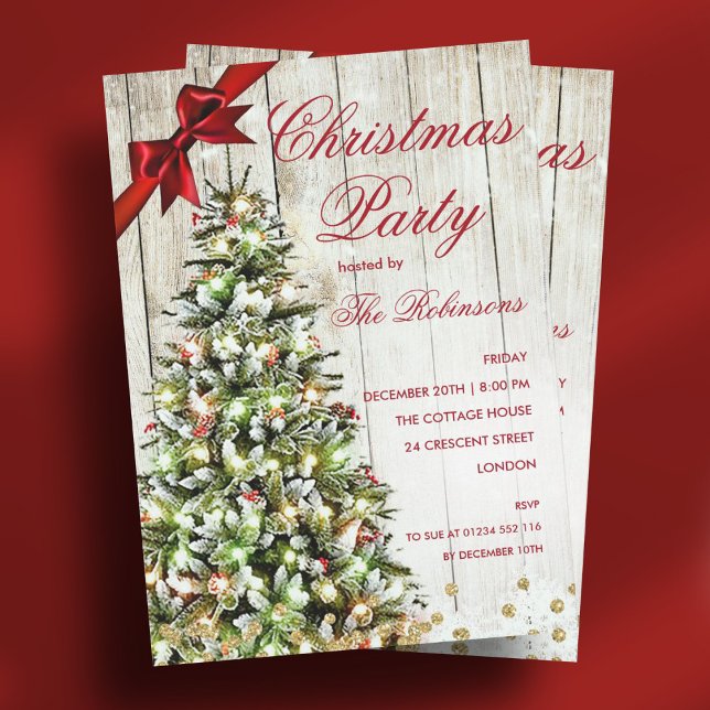 Invitación Fiesta de navidades | Árbol rústico y cinta roja i (Christmas Party | Rustic Tree & Red Ribbon Invitat Invitation)