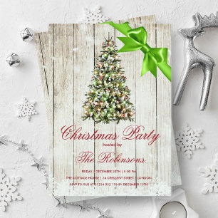 Invitación Fiesta de navidades   Árbol rústico y cinta verde