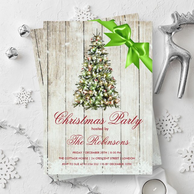 Invitación Fiesta de navidades | Árbol rústico y cinta verde (Christmas Party | Rustic Tree & Green Ribbon Invitation)
