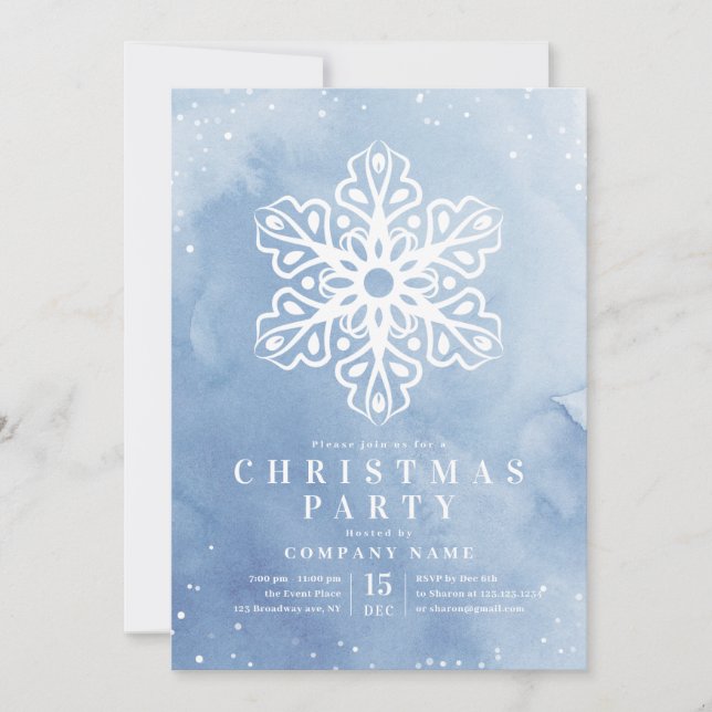 Invitación Fiesta de Navidades azules con copos de nieve (Anverso)
