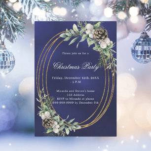 Invitación Fiesta de Navidades azules de marco dorado de pino