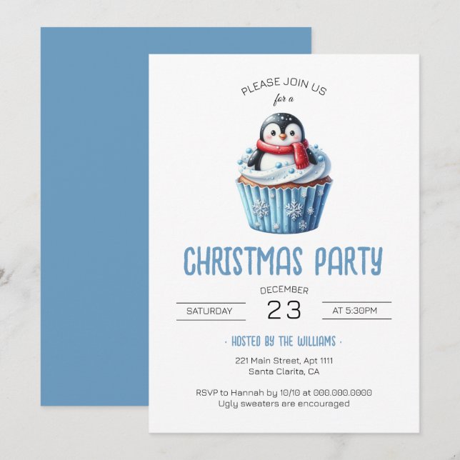 Invitación Fiesta de Navidades azules de pingüino (Anverso / Reverso)