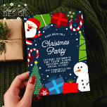 Invitación Fiesta de Navidades Azules Santa y Snowman<br><div class="desc">Invite a los huéspedes a su fiesta de Navidades con esta encantadora invitación azul de vacaciones con Santa Claus,  muñeco de nieve,  regalos,  dulces,  árboles de Navidad,  adornos,  un marco nevado y un lindo patrón en la parte trasera.</div>