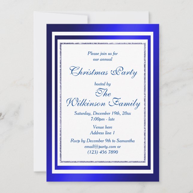 Invitación Fiesta de Navidades azules y blancos (Anverso)