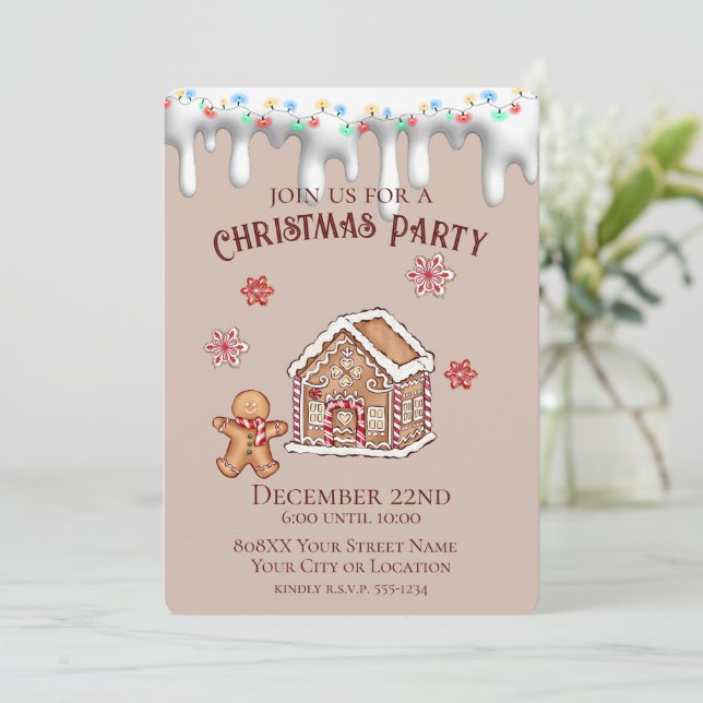 Invitación Fiesta de Navidades beis de la casa de Gingerbread (Anverso de pie)