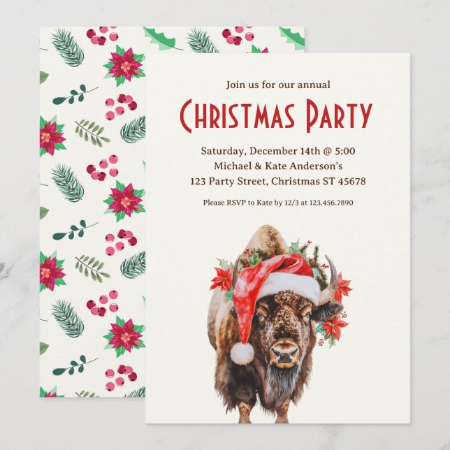 Invitación Fiesta de Navidades Bison Buffalo Santa Hat (Anverso / Reverso)