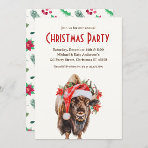 Invitación Fiesta de Navidades Bison Buffalo Santa Hat