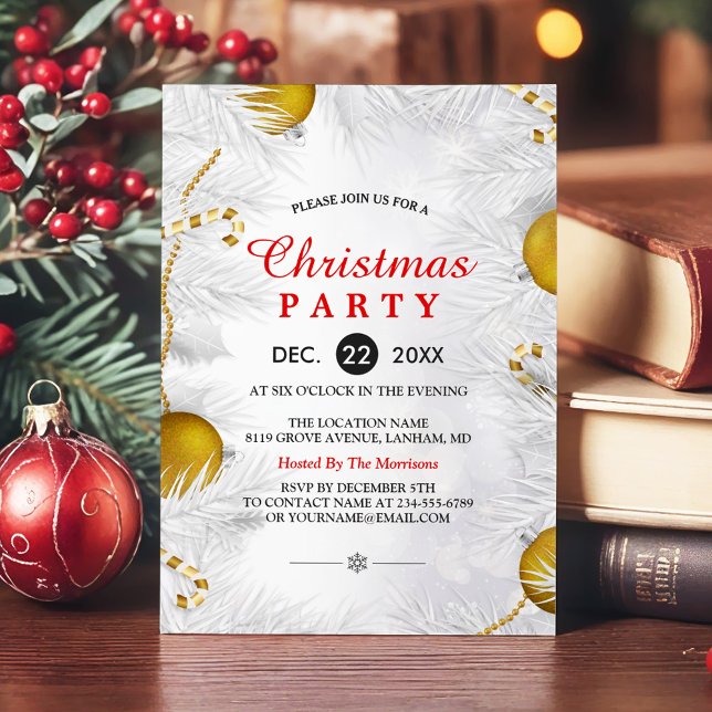 Invitación Fiesta de Navidades blancos dorados ornamentos pla (Subido por el creador)