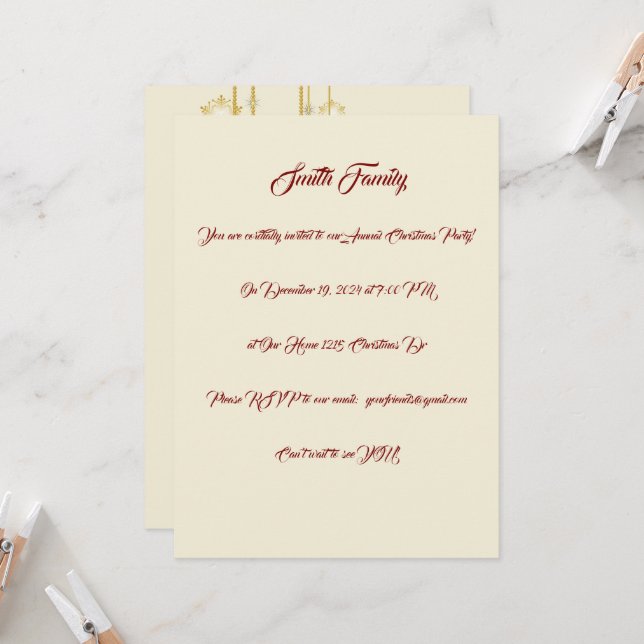 Invitación Fiesta de Navidades blancos, dorados y rojos (Anverso/Reverso In Situ)
