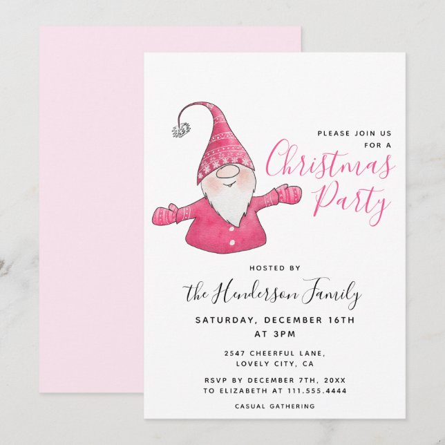 Invitación Fiesta de Navidades blancos y rosados de Gnome (Anverso / Reverso)