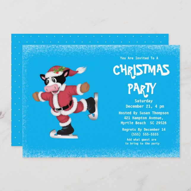 Invitación Fiesta de Navidades Blue Cow de patinaje sobre hie (Anverso / Reverso)