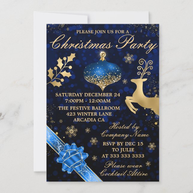 Invitación Fiesta de Navidades Blue & Gold Bauble & Ribbon (Anverso)