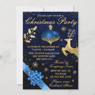 Invitación Fiesta de Navidades Blue & Gold Bauble & Ribbon