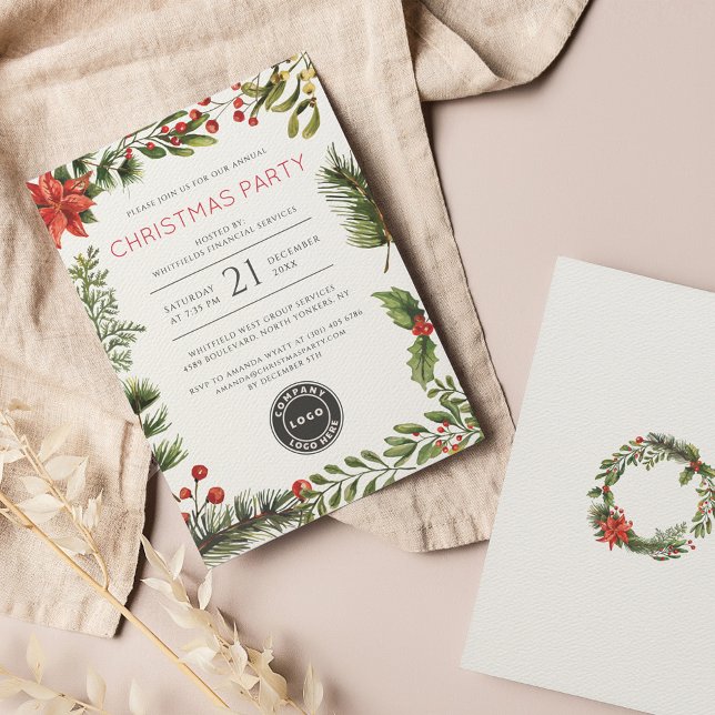 Invitación Fiesta de Navidades botánicos con logotipo comerci (Corporate Christmas Poinsettia Botanical Logo Party with Cowrorkers Invitation)