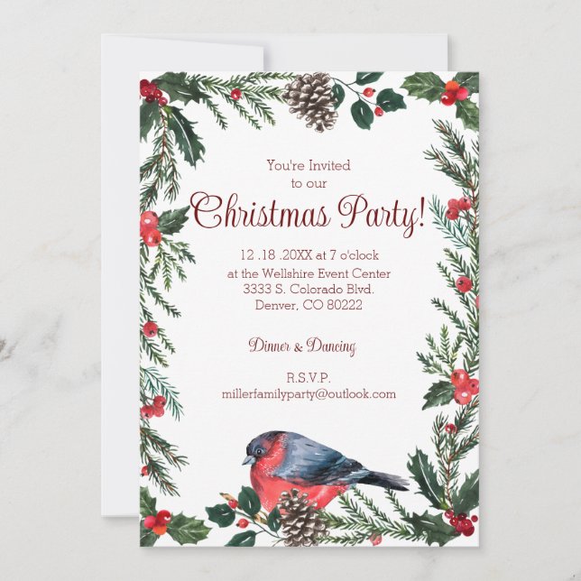 Invitación Fiesta de Navidades Botánicos de Invierno Red Bird (Anverso)