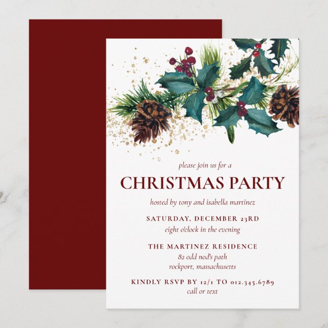 Invitación Fiesta de Navidades botánicos Rustic Holly y Berri (Anverso / Reverso)
