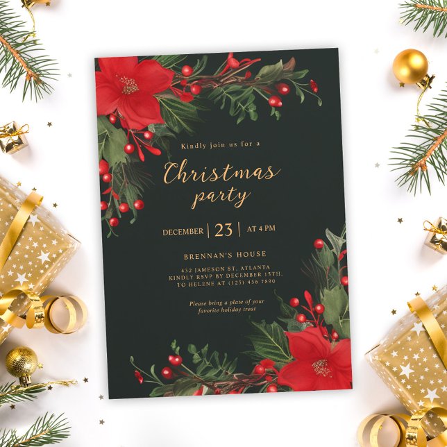 Invitación Fiesta de Navidades botánicos verdes (Green Botanical Christmas Party Invitation)