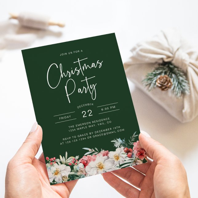 Invitación Fiesta de Navidades botánicos verdes (Elegant Green Christmas Party Holiday Invitation Watercolor Berries Botanical Florals)