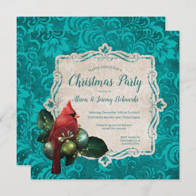 Invitación Fiesta de Navidades Cardenales y Verde azulados Fl (Anverso / Reverso)