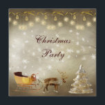 Invitación Fiesta de Navidades Clásicos y Sleigh<br><div class="desc">Hermoso y elegante fiesta de Navidades dorados y marrones invita con un clásico a los renos de nariz roja que toman un trineo. También hay un árbol de Navidad dorado, adornos colgantes dorados de bonito, arcos y copos de nieve blancos. Moda, elegantes y modernas invitaciones festivas con una romántica elegancia...</div>