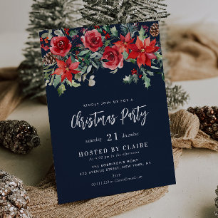 Invitación Fiesta de navidades color azul marino floral acuos