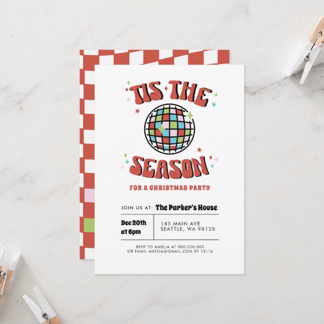Invitación Fiesta de Navidades Colorful Groovy Retro Disco (Anverso/Reverso In Situ)