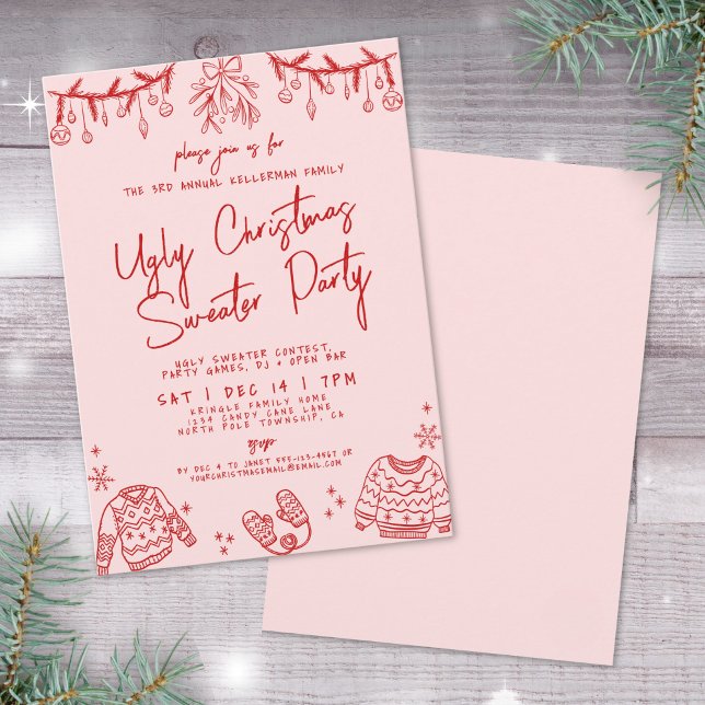 Invitación Fiesta de Navidades con mano de suéter feo (Ugly Sweater Hand Drawn Christmas Party Invitation)