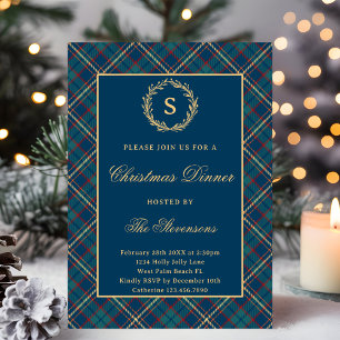 Invitación Fiesta de Navidades con placa azul de guirnalda mo