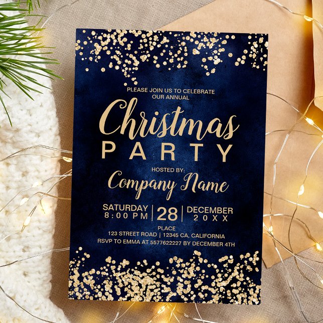 Invitación fiesta de Navidades corporativos de moda purpurina (Chic gold glitter navy corporate Christmas party Invitation)