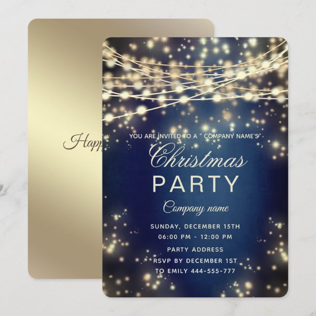 Invitación fiesta de Navidades corporativos de oro con luces  (Anverso / Reverso)
