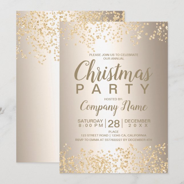 Invitación fiesta de Navidades corporativos de purpurina Gold (Anverso / Reverso)
