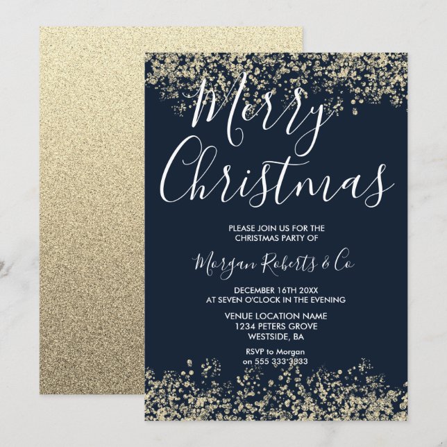 Invitación Fiesta de Navidades corporativos de Purpurina Navy (Anverso / Reverso)