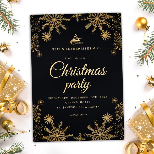 Invitación Fiesta de Navidades corporativos elegantes de Blac (Black Gold Elegant Corporate Christmas Party Invitation)