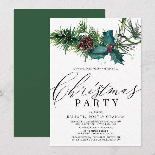 Invitación Fiesta de Navidades corporativos Holly y Pine (Anverso / Reverso)