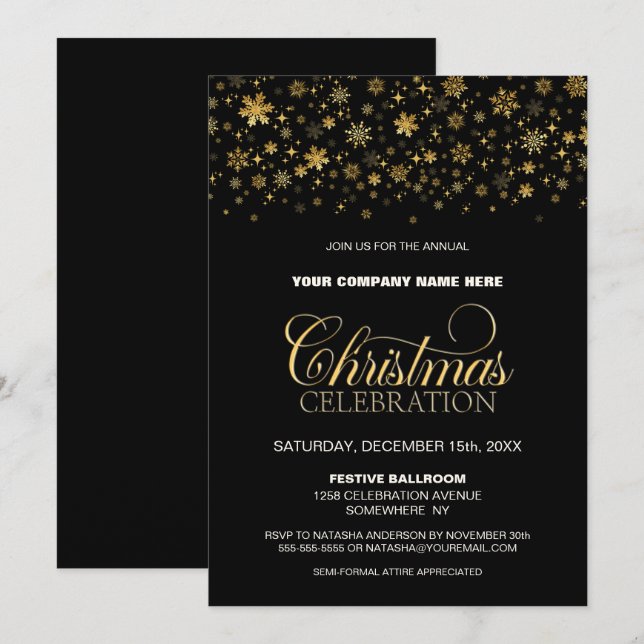 Invitación Fiesta de Navidades corporativos negros con copos  (Anverso / Reverso)