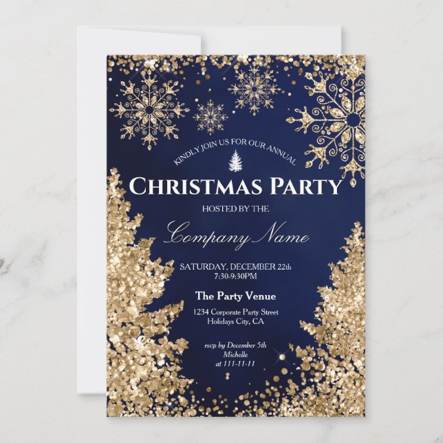 Invitación Fiesta de Navidades corporativos Purpurina de oro  (Anverso)