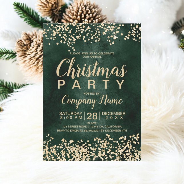 Invitación fiesta de Navidades corporativos verdes purpurina  (Chic gold glitter green corporate Christmas party Invitation)
