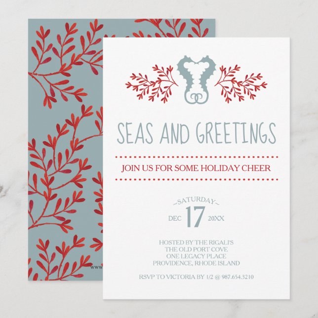 Invitación Fiesta de Navidades costeros de caballito de mar (Anverso / Reverso)