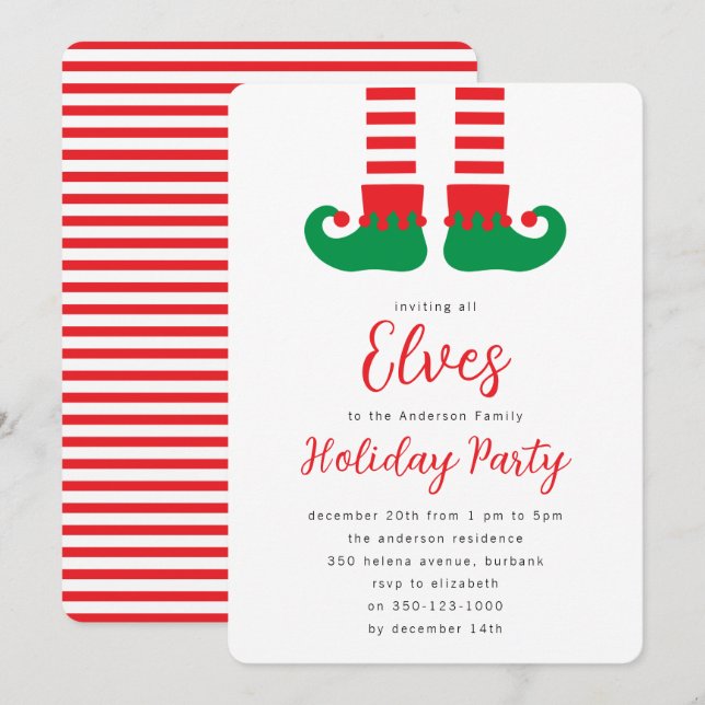 Invitación Fiesta de Navidades Cute Elf (Anverso / Reverso)