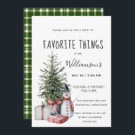 Invitación Fiesta de Navidades de acuarela de cosas favoritas<br><div class="desc">Cosas favoritas Invitación a fiestas de Navidades acuarelas, la invitación perfecta para su reunión de vacaciones. El Invitation incluye un acuarela árbol de Navidad rodeado de regalos y un adorable muñeco de nieve. Nuestra plantilla de alta resolución le facilita el personalizar de su invitación. Si desea seguir personalizar a su...</div>