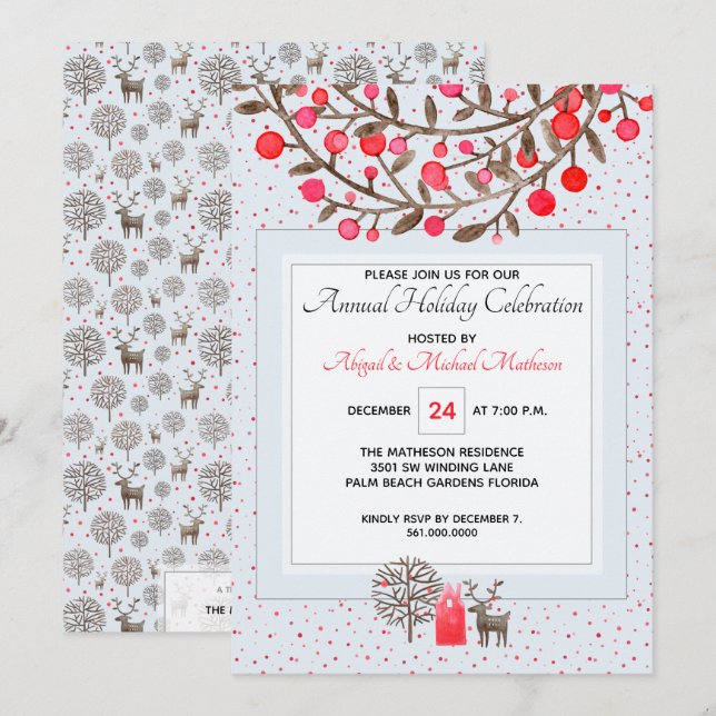 Invitación Fiesta de Navidades de acuarela de renos escandina (Anverso / Reverso)