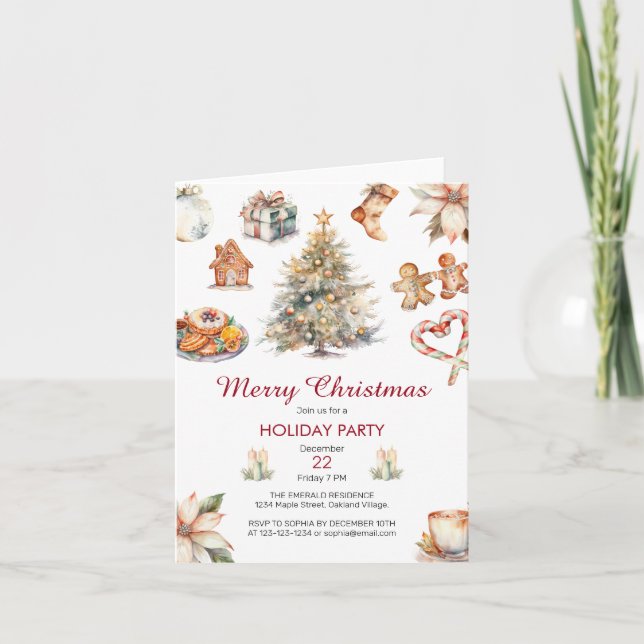 Invitación Fiesta de Navidades de acuarela festiva (Anverso)