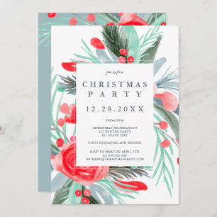 Invitación Fiesta de Navidades de acuarela floral de color ve