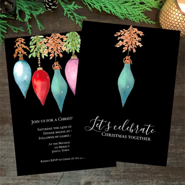 Invitación Fiesta de Navidades de acuarela pintada a mano úni (Unique Custom Hand painted watercolor Christmas Party Invitation. Elegant, fun celebrate together.)