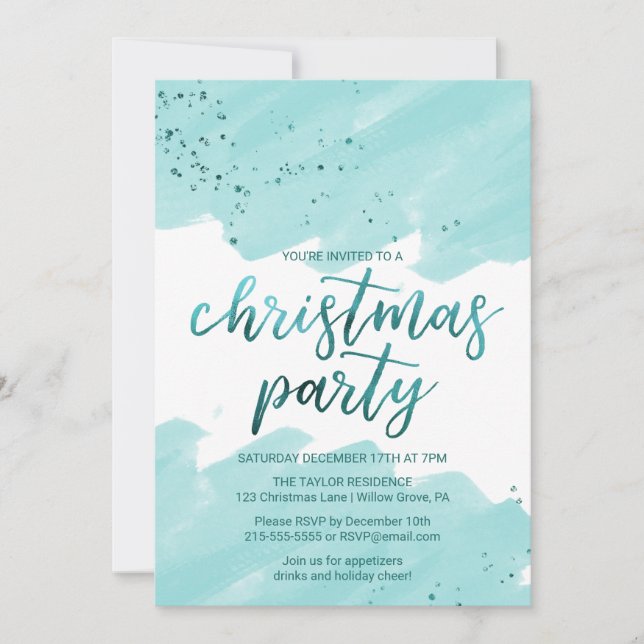Invitación Fiesta de Navidades de acuarela verde azulada (Anverso)