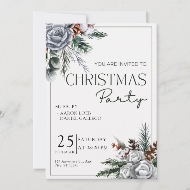 Invitación Fiesta de Navidades de acuarela verde y blanca (Anverso)