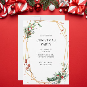 Invitación Fiesta de Navidades de acuarela verde y dorada