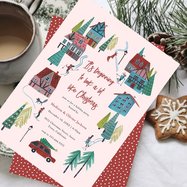 Invitación Fiesta de Navidades de aldeas rosadas (Cute Pink Village Christmas Party Invitation)