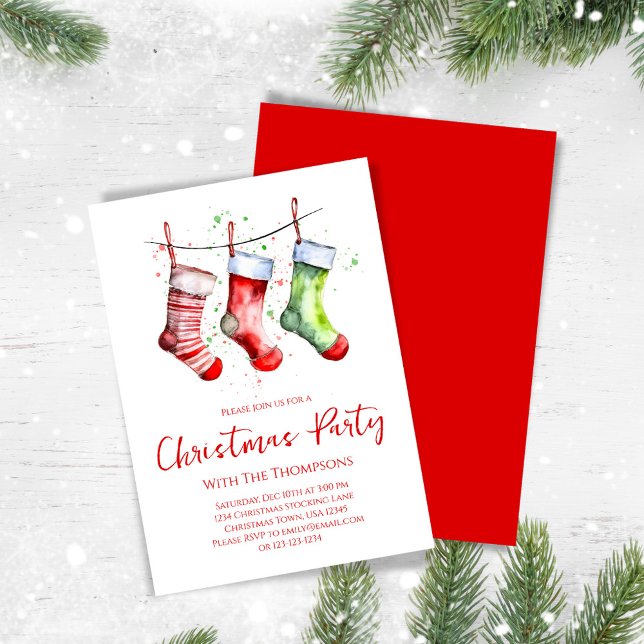 Invitación Fiesta de Navidades de almacenamiento simple de ac (Christmas party invitation with whimsical festive stockings. )
